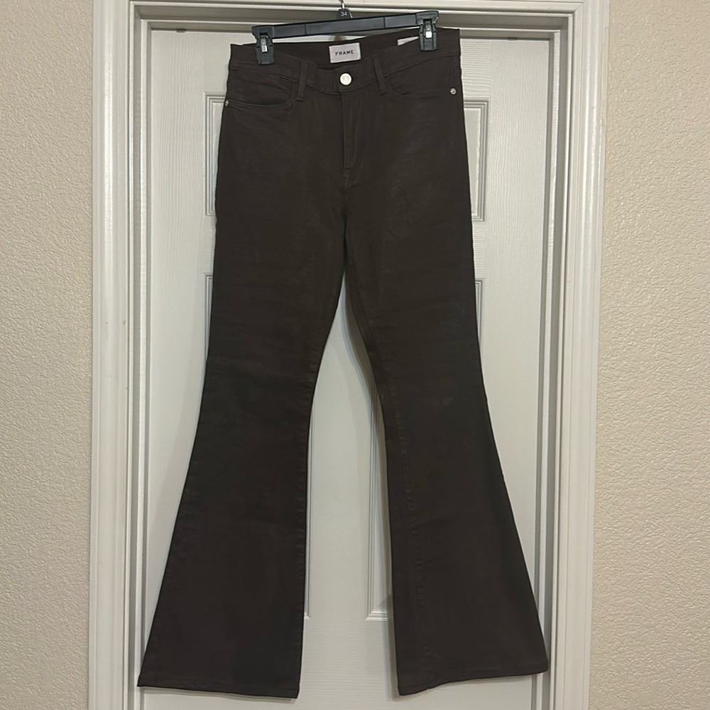Frame, Le High Flare, size 30, coated brown flare jeans
